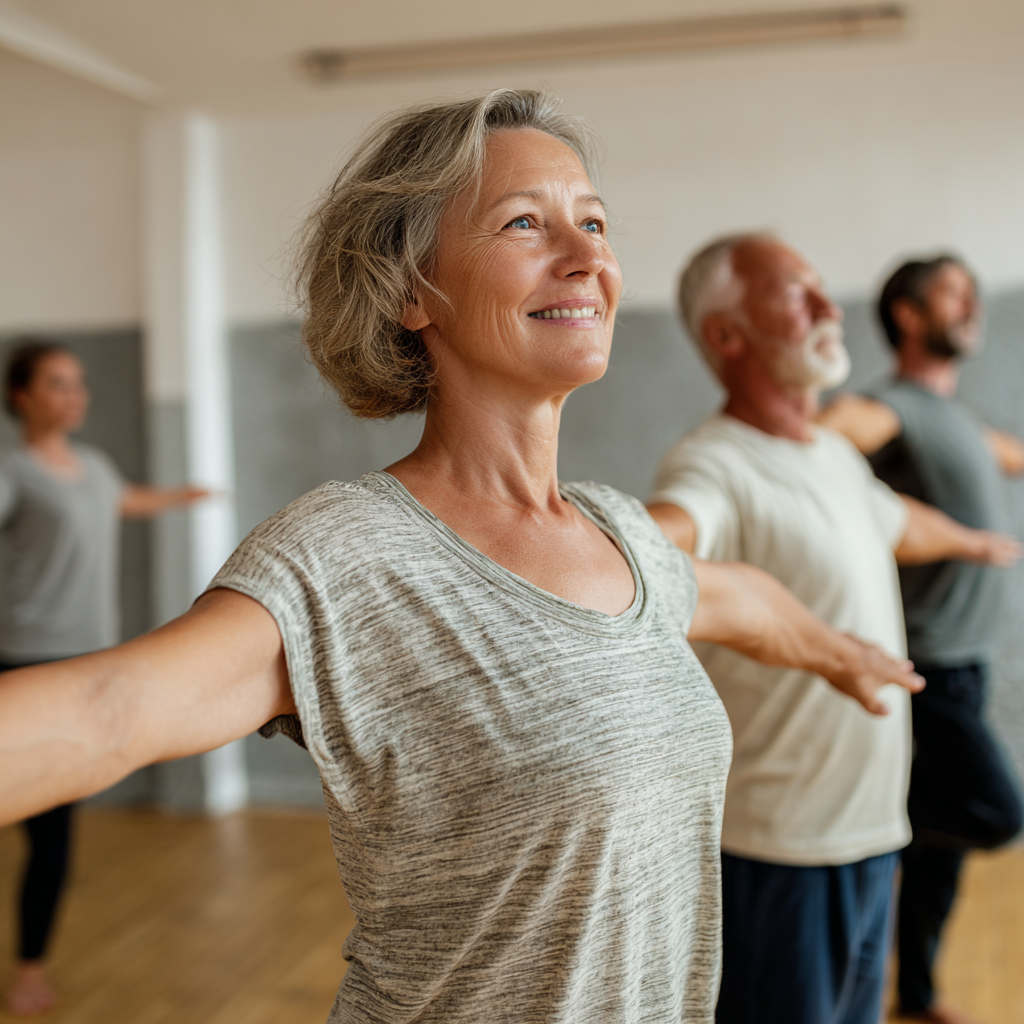 Group of middle-aged adults exercising together with balanced movements and natural posture