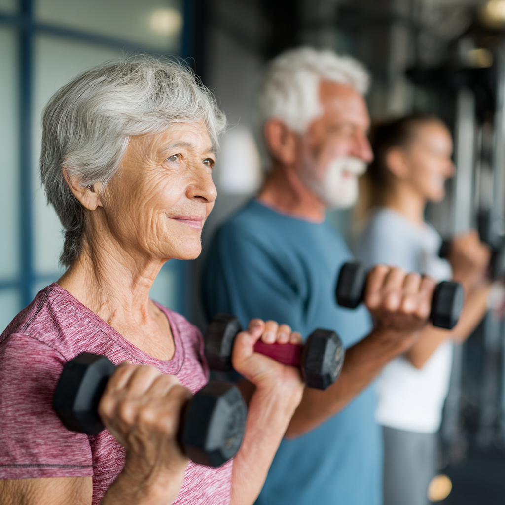Older adults performing strength training with proper form and supportive environment